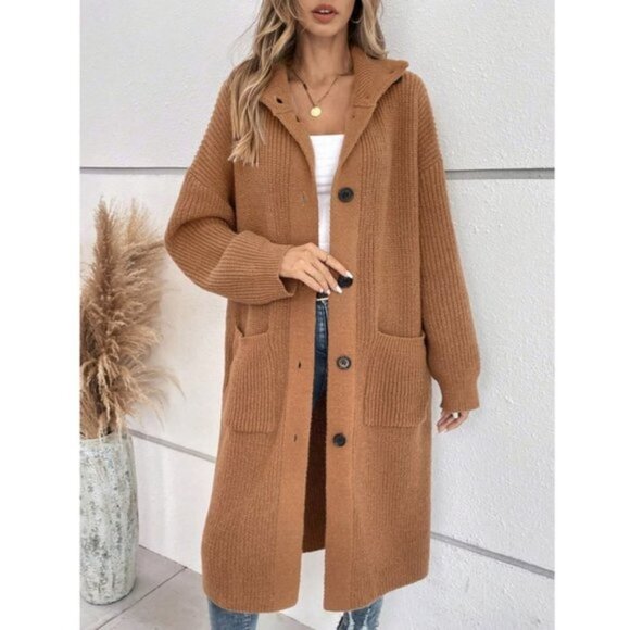 Casual Borwn Dual Pocket Hooded Sweater Cardigan fall winter - Picture 3 of 6